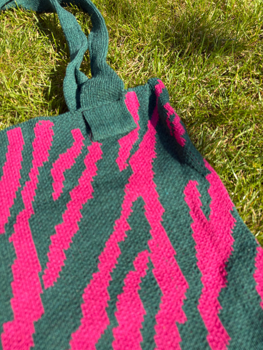 Mom Bag XL Gebreid Zebra - Donkergroen & Roze