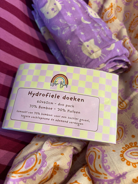 Duopak Hydrofiele Multidoeken 60x60cm- 70% Bamboe - Poes/Paisley