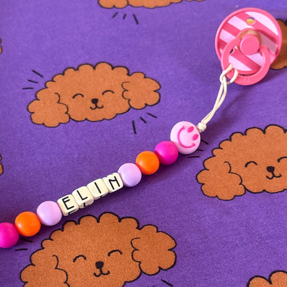Speenkoord met naam - Elin - roze smiley