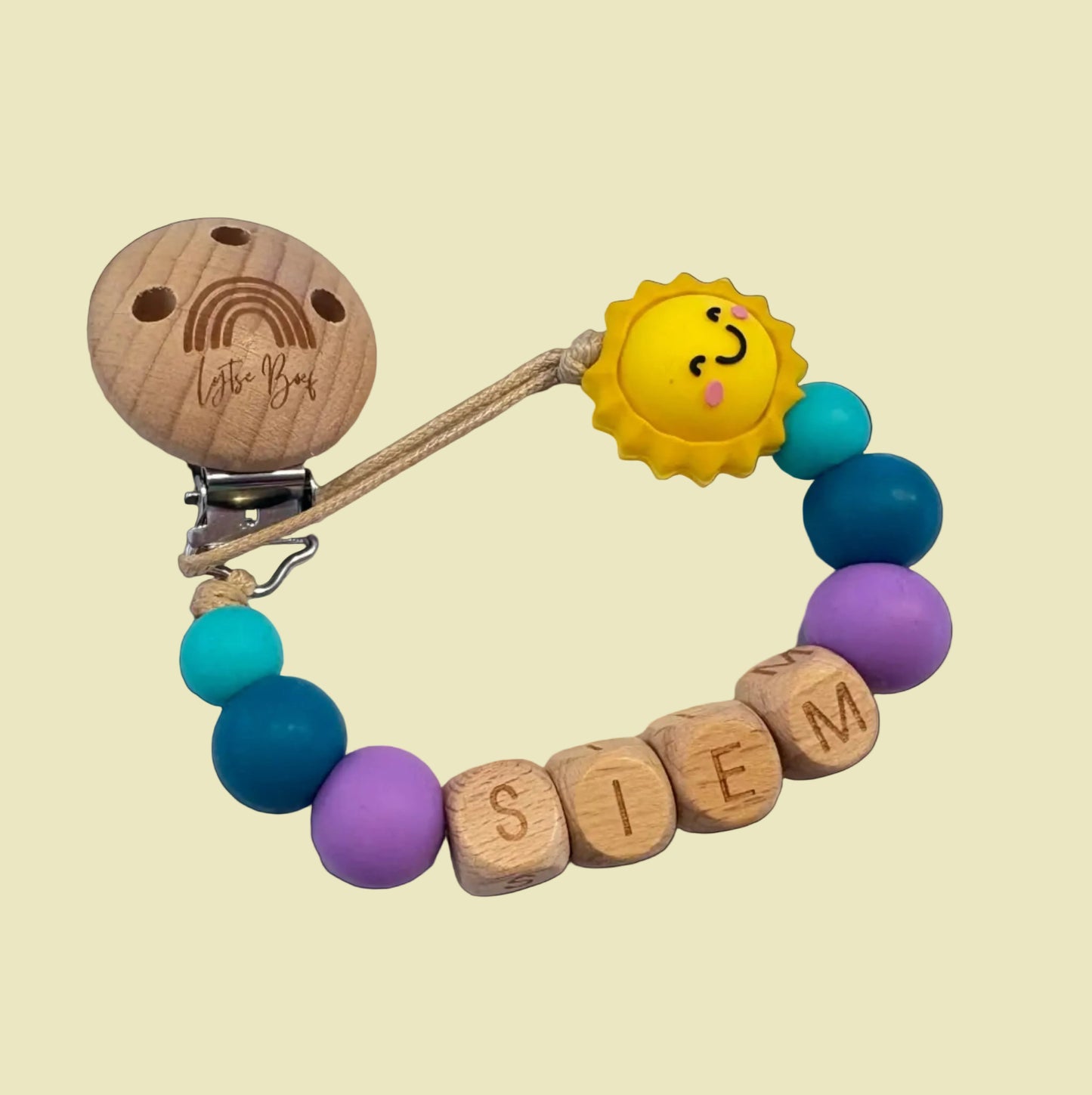 Speenkoord met naam - Siem - Paars/Turquoise zon