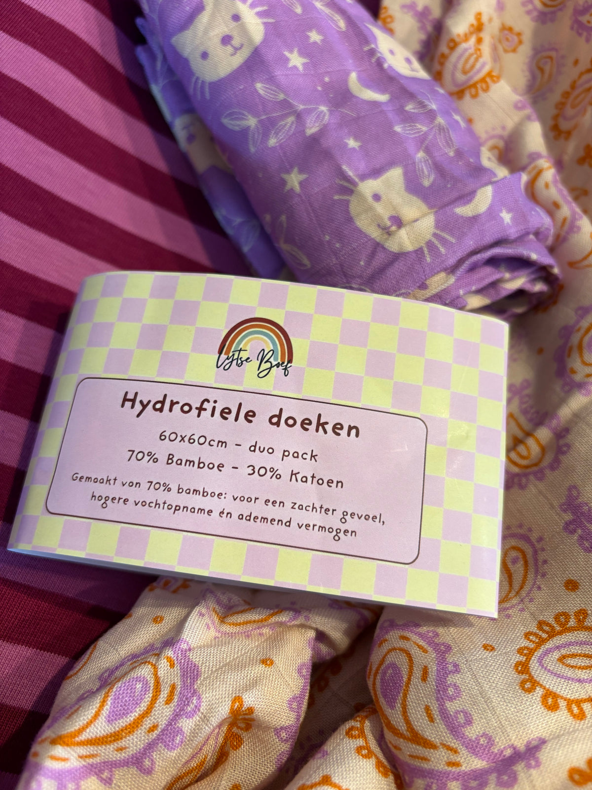 Duopak Hydrofiele Multidoeken 60x60cm- 70% Bamboe - Poes/Paisley