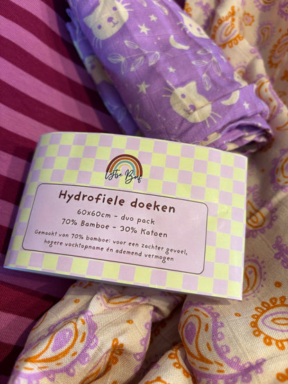 Duopak Hydrofiele Multidoeken 60x60cm- 70% Bamboe - Poes/Paisley
