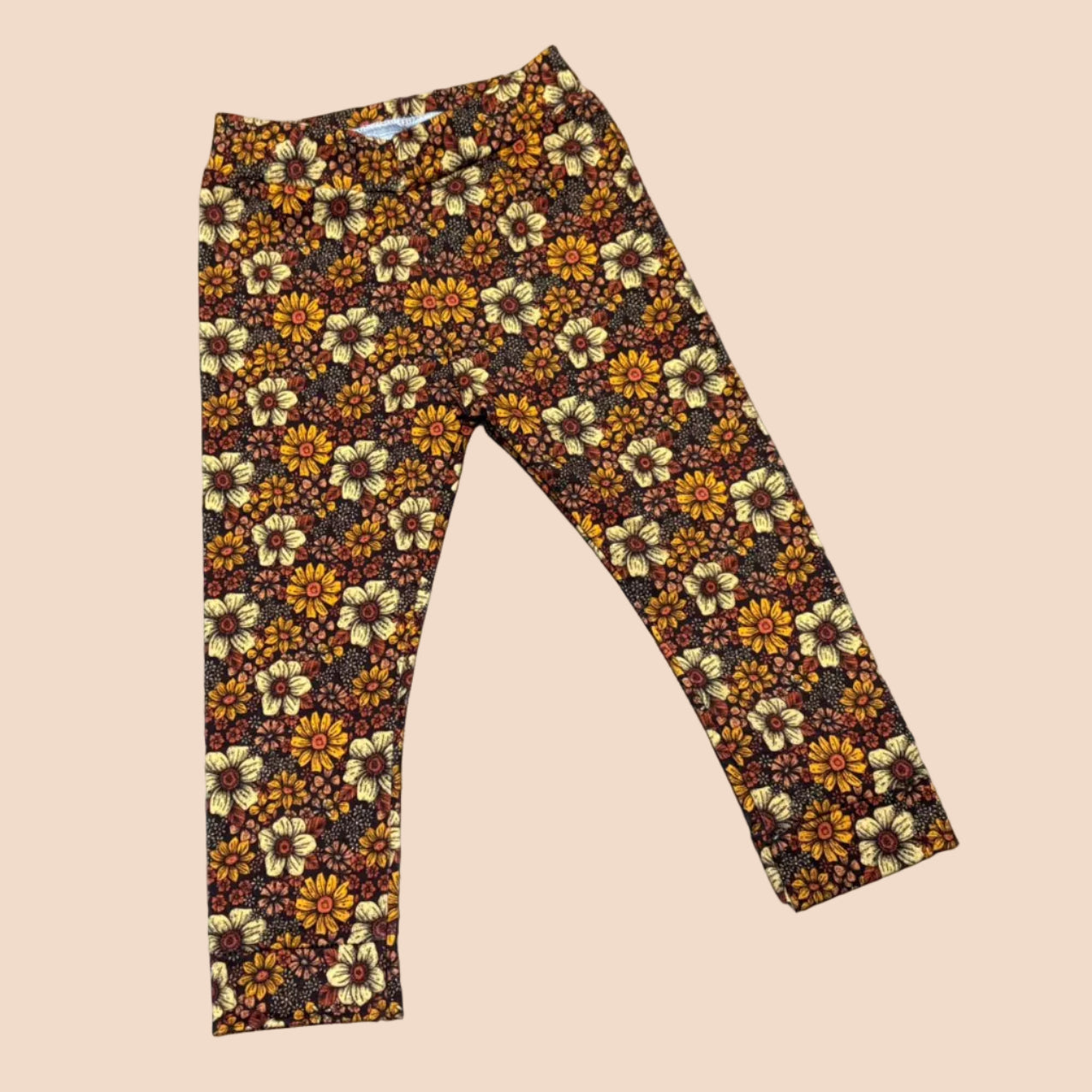 Broekje - Bloem - Bruin/geel- handmade - maat 74